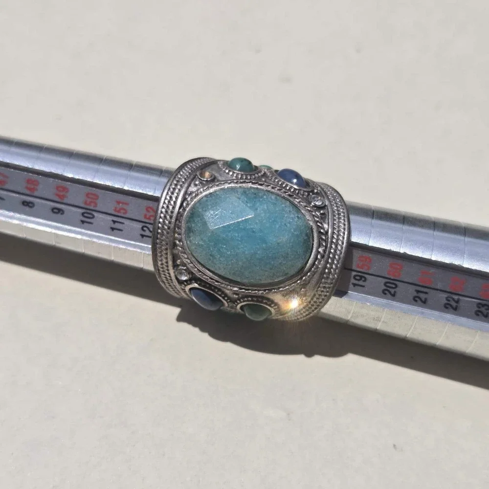 Vintage 925 Sterling Silver Mixed Stone Boho Statement Ring Size 7.25 Blue Green